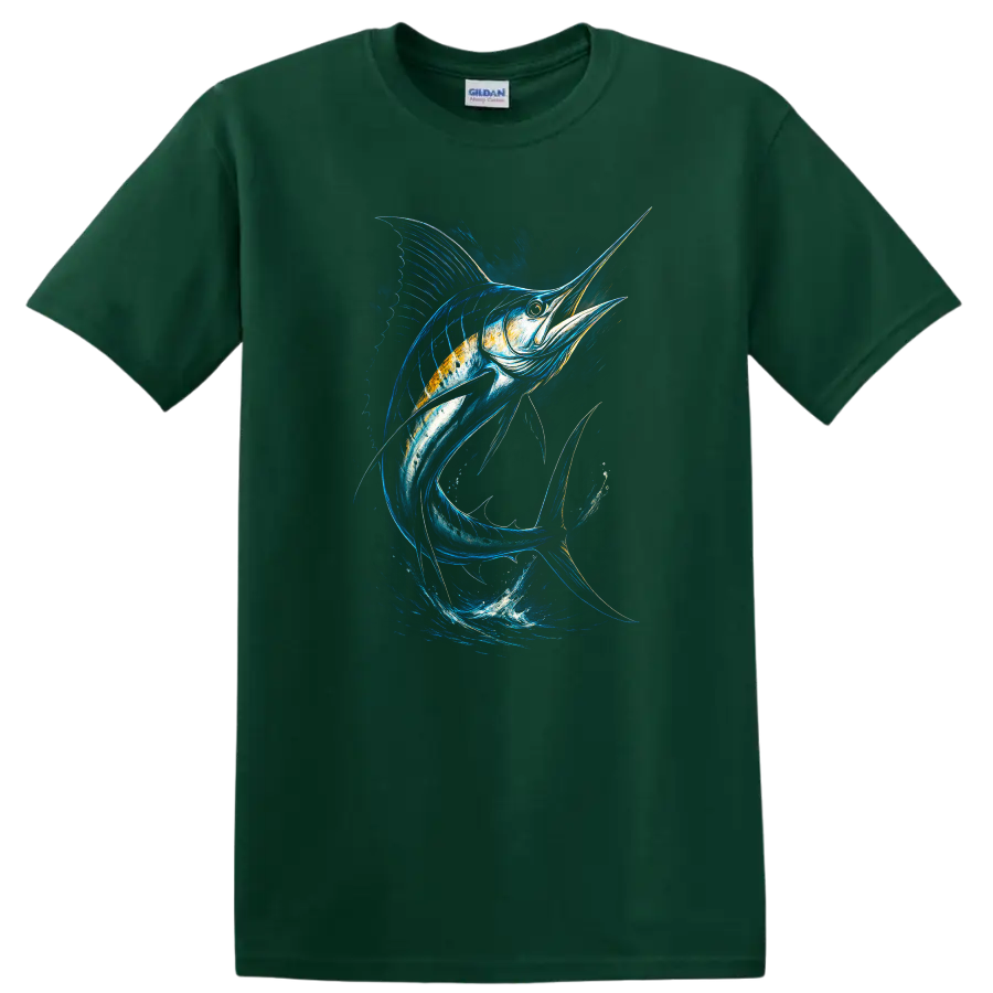 Blue Marlin Fish Splash Art T Shirt, Ocean Angler Graphic - Forest Green