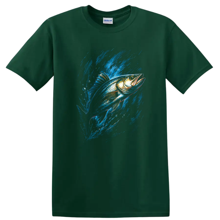 Blue Fish Splash Graphic T Shirt For Anglers and Nature Lovers - Forest Green