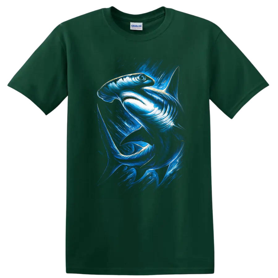 Blue Shark Art Graphic T Shirt Ocean Predator Abstract Wildlife Tee - Forest Green