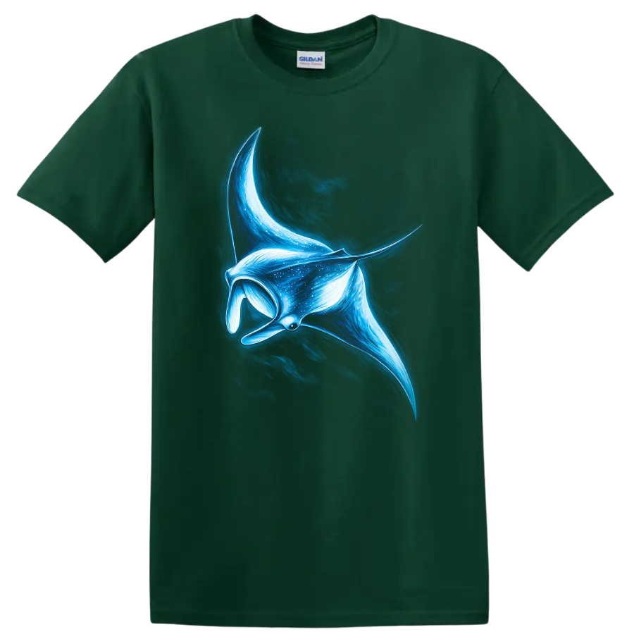 Glowing Blue Manta Ray Fish Art T Shirt for Ocean Lovers - Forest Green