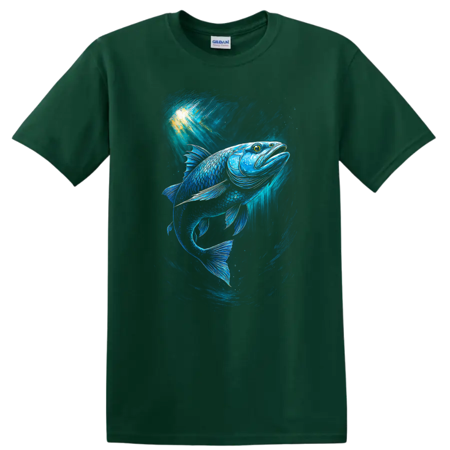 Glowing Blue Fish Underwater Art T Shirt Vibrant Ocean Angler Design - Forest Green