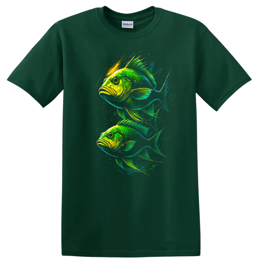 Neon Fish Art Graphic T Shirt Vibrant Tropical Aquatic Design - Forest Green