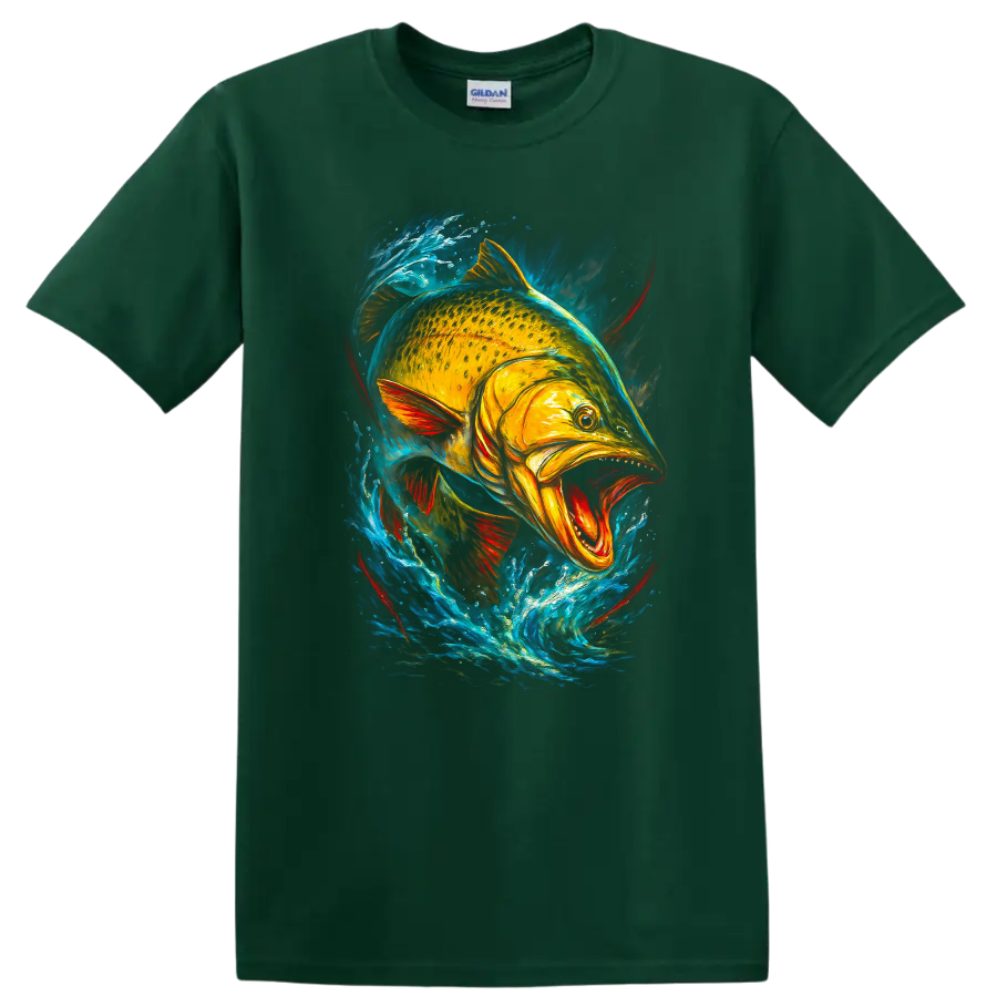 Vibrant Fish Splash Art T Shirt Bold Colorful Aquatic Angler Design - Forest Green