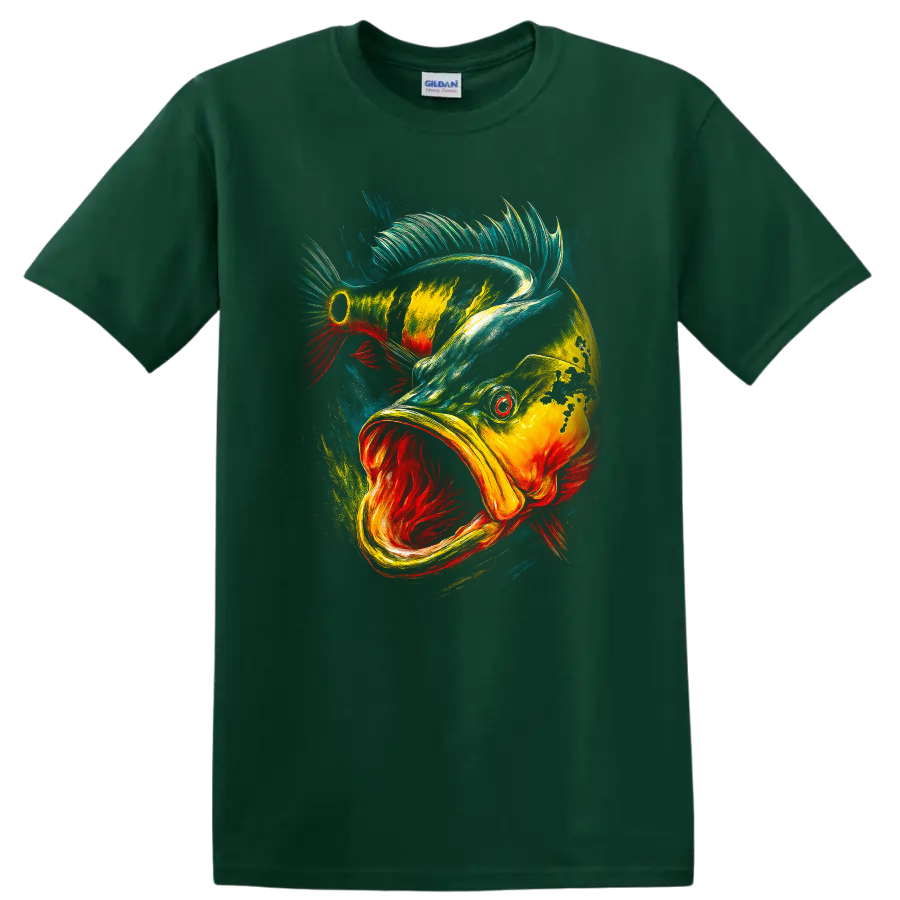 Colorful Jumping Fish Art T Shirt Vibrant Wildlife Graphic Tee - Forest Green