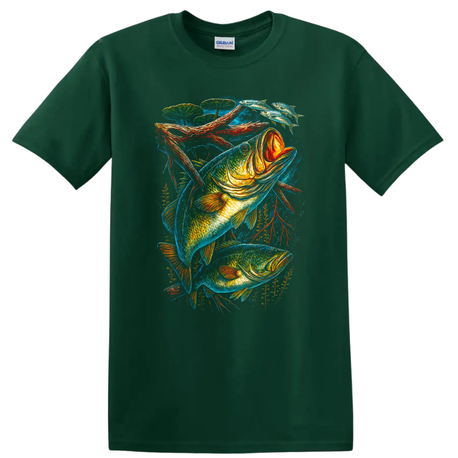Colorful Bass Fish Art T Shirt for Anglers and Fishing Lovers - Forest Green