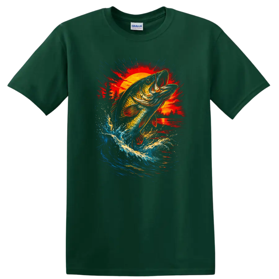 Colorful Bass Fish Jumping at Sunset Fishing T Shirt - Forest Green