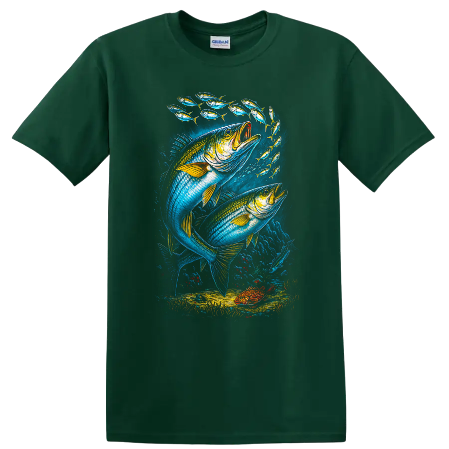 Colorful Fish School Underwater Ocean Art T Shirt for Anglers - Forest Green