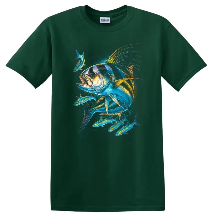 Colorful Fish School Art T Shirt Bold Ocean Angler Design - Forest Green