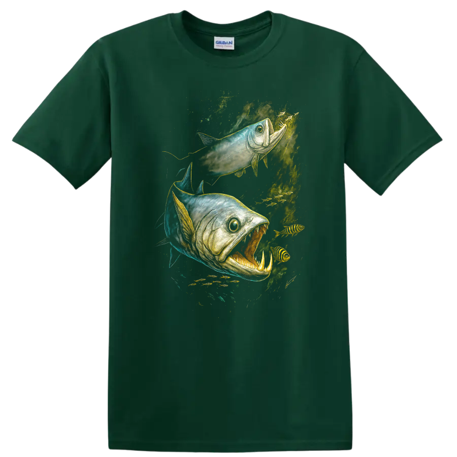 Aggressive Fish Duo Underwater Predator Art T Shirt - Forest Green