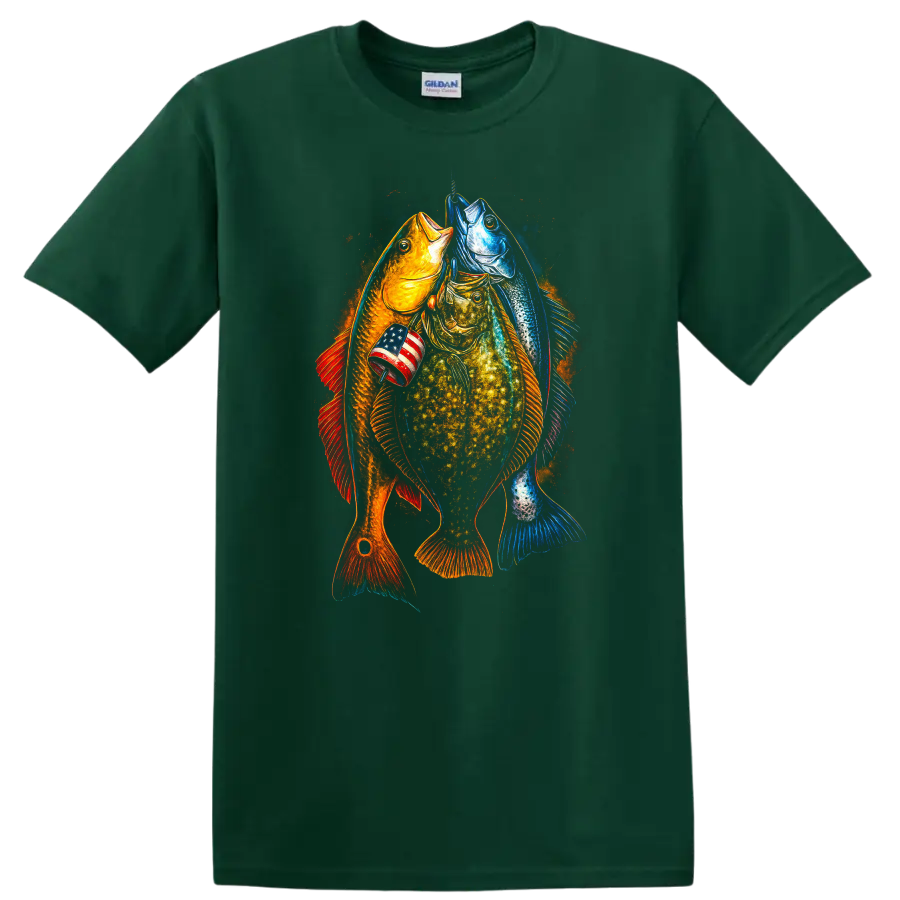 Patriotic Fish Trio American Flag Graphic T Shirt - Forest Green