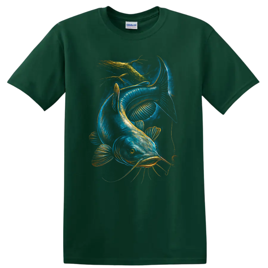 Glowing Catfish Fishing Lure Art T Shirt for Anglers and Fish Lovers - Forest Green