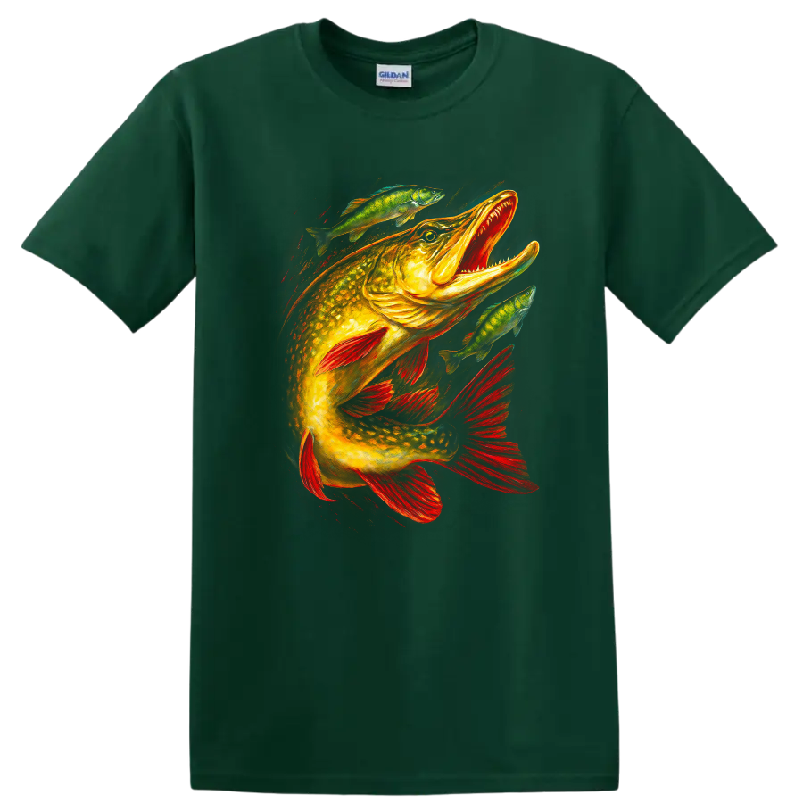 Colorful Bass Fish T Shirt Bold Fishing Art for Anglers - Forest Green