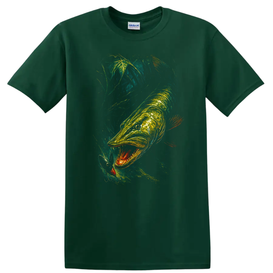 Glowing Fish Predator Art T Shirt Neon Underwater Hunting Scene - Forest Green