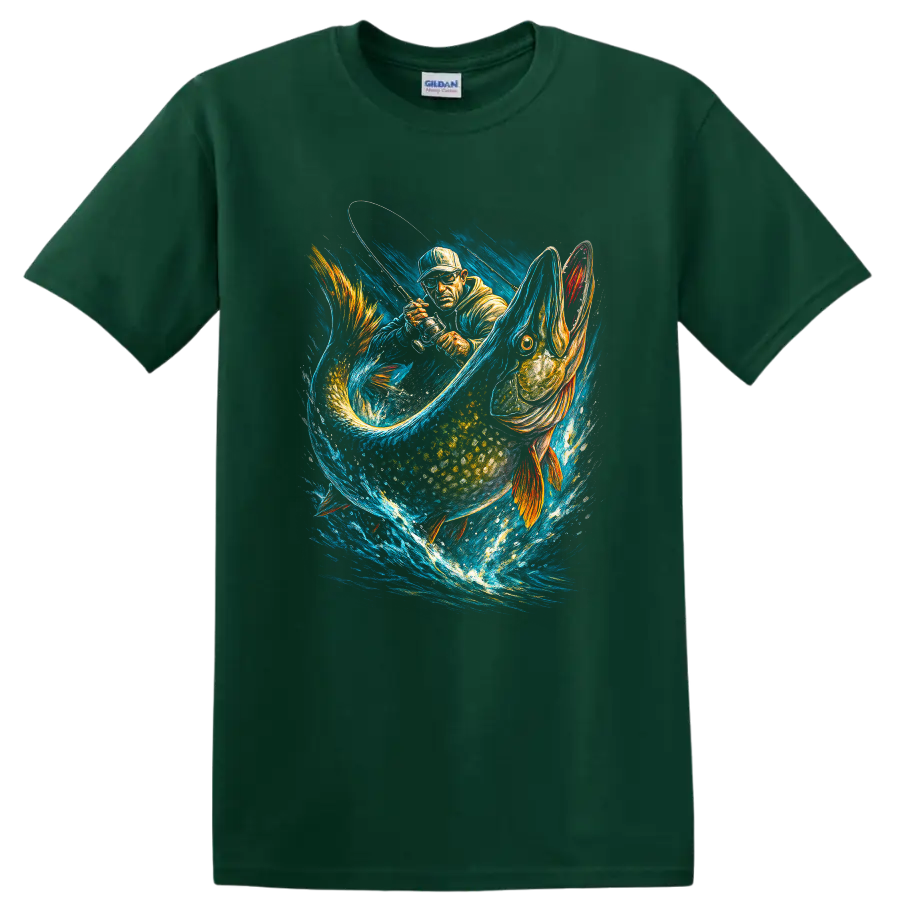 Angler Fishing Giant Pike Action Art T Shirt for Lake Sport Fishermen - Forest Green