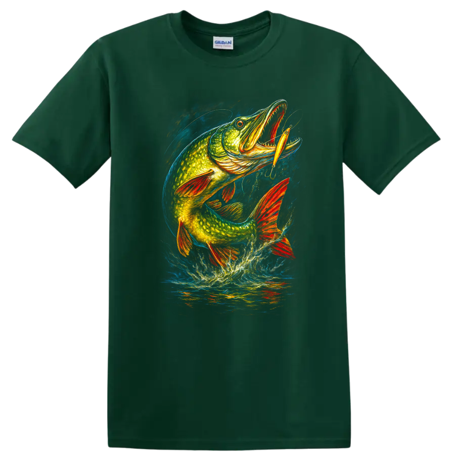 Colorful Pike Fish Lure Jumping Art T Shirt for Anglers - Forest Green