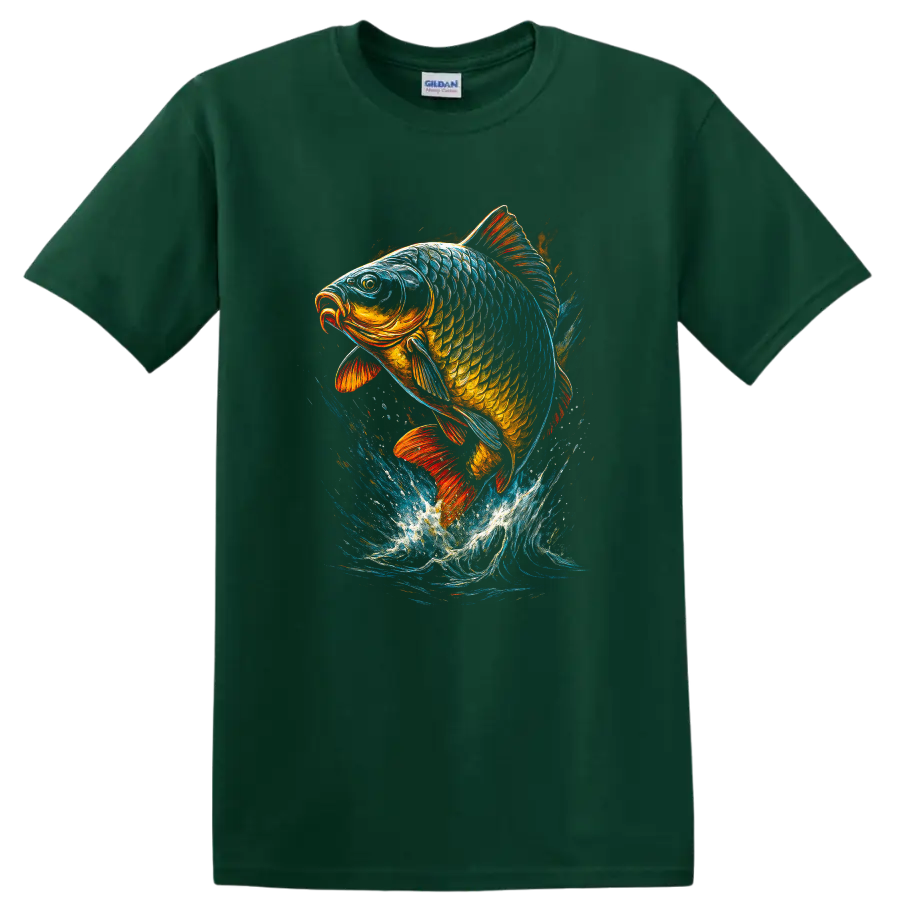 Colorful Leaping Fish Graphic T Shirt for Anglers and Nature Lovers - Forest Green