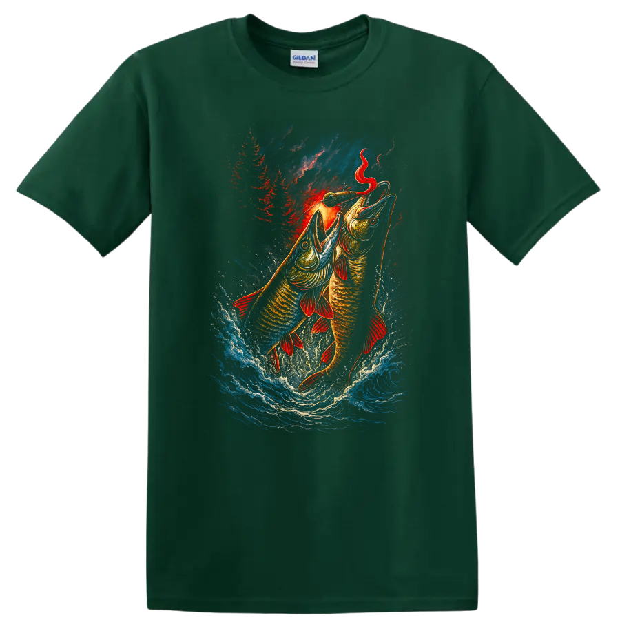 Fishing Lure Fish Jumping Art Graphic T Shirt for Anglers - Forest Green
