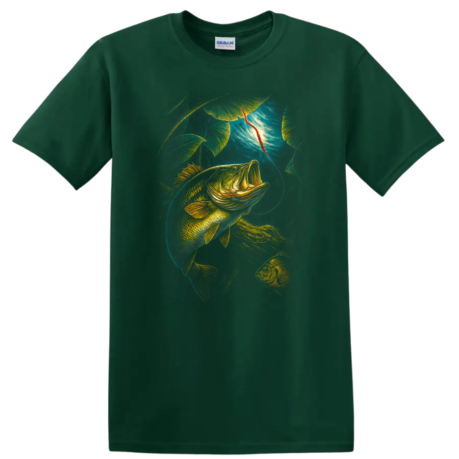 Colorful Bass Fishing T Shirt Lure Catch Fish Art Outdoor Angler Tee - Forest Green