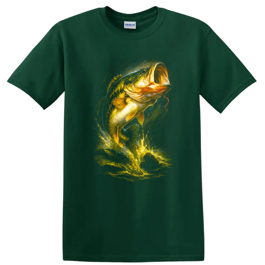 Glowing Largemouth Bass Fish Splash Art T Shirt for Anglers - Forest Green