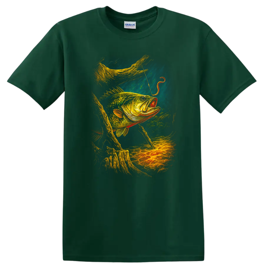 Colorful Largemouth Bass Fishing Art T Shirt for Anglers - Forest Green