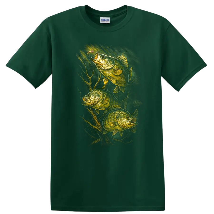 Bass Fishing T Shirt with Three Largemouth Fish Nature Graphic - Forest Green