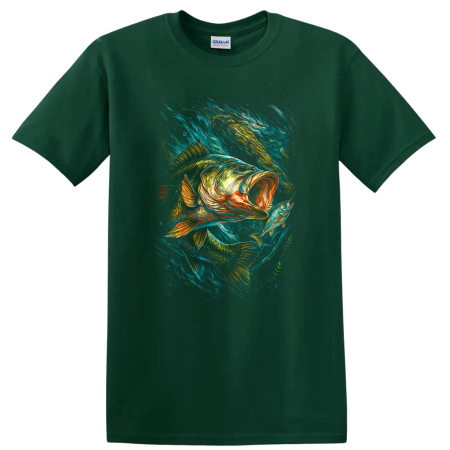 Bass Fishing T Shirt Vibrant Big Fish Catch Angler Art - Forest Green
