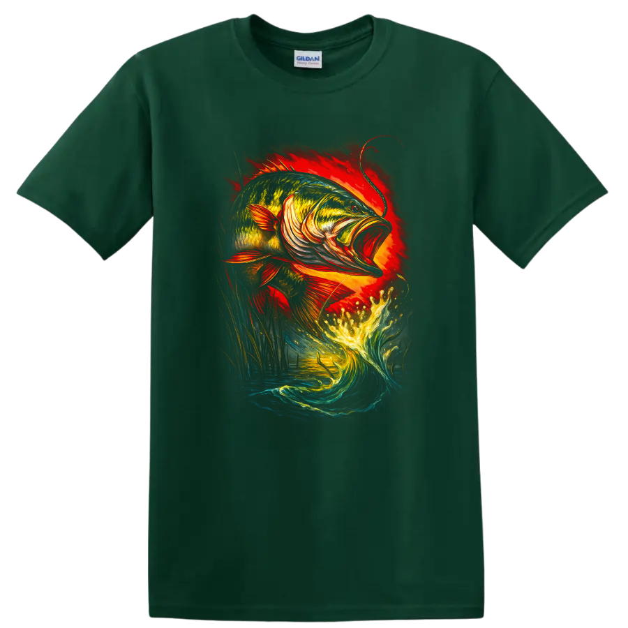 Colorful Leaping Bass Fish Art T Shirt for Anglers and Outdoorsmen - Forest Green