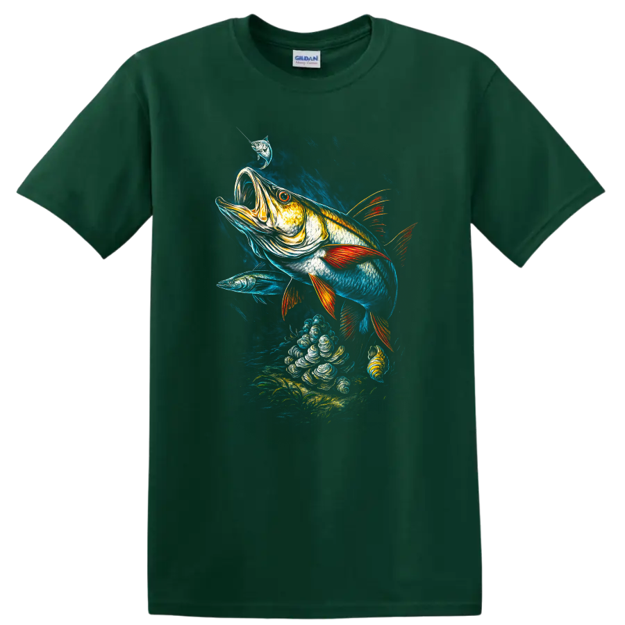 Vibrant Big Fish Underwater Art T Shirt with Bold Fishing Scene - Forest Green