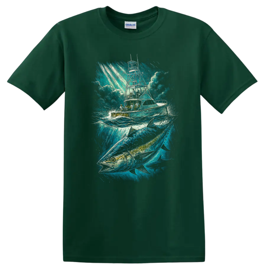 Ocean Fishing Boat and Big Fish T Shirt Blue Maritime Angler Art - Forest Green