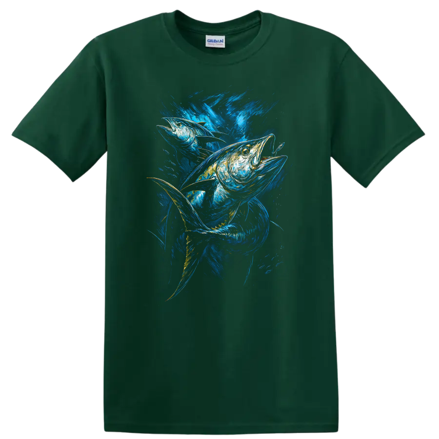 Vibrant Blue Fish Art T Shirt Abstract Ocean Wildlife Graphic - Forest Green