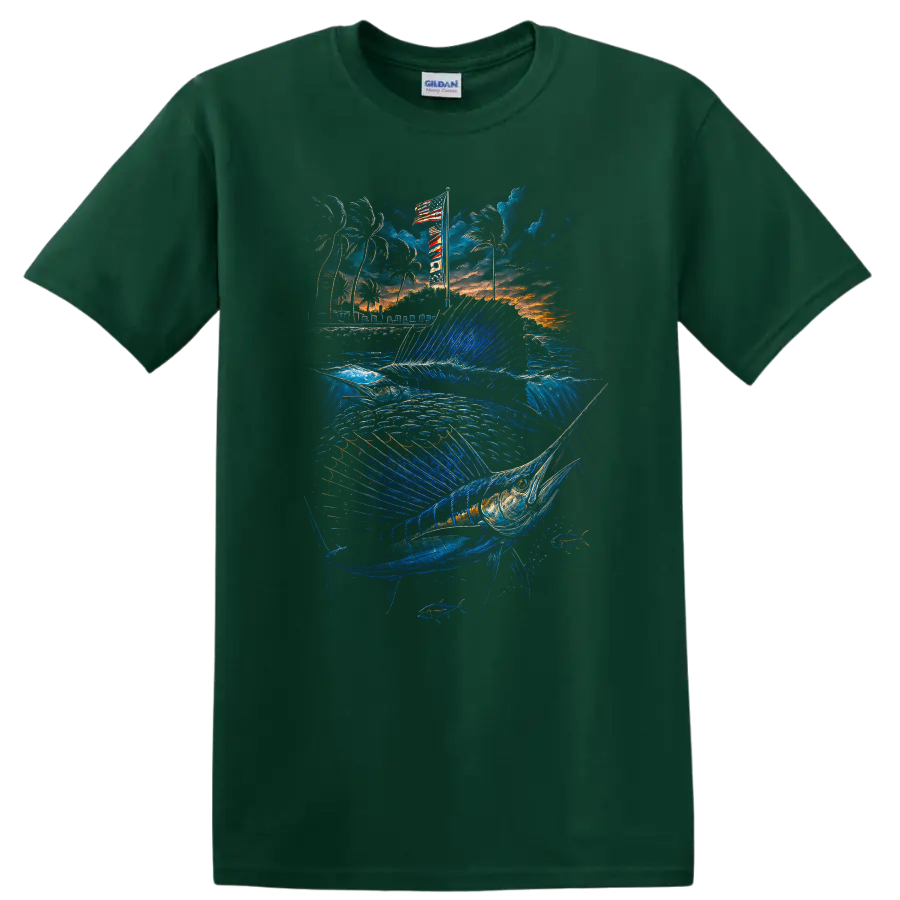 Blue Marlin Fishing Sunset Ocean Fish Graphic T Shirt - Forest Green