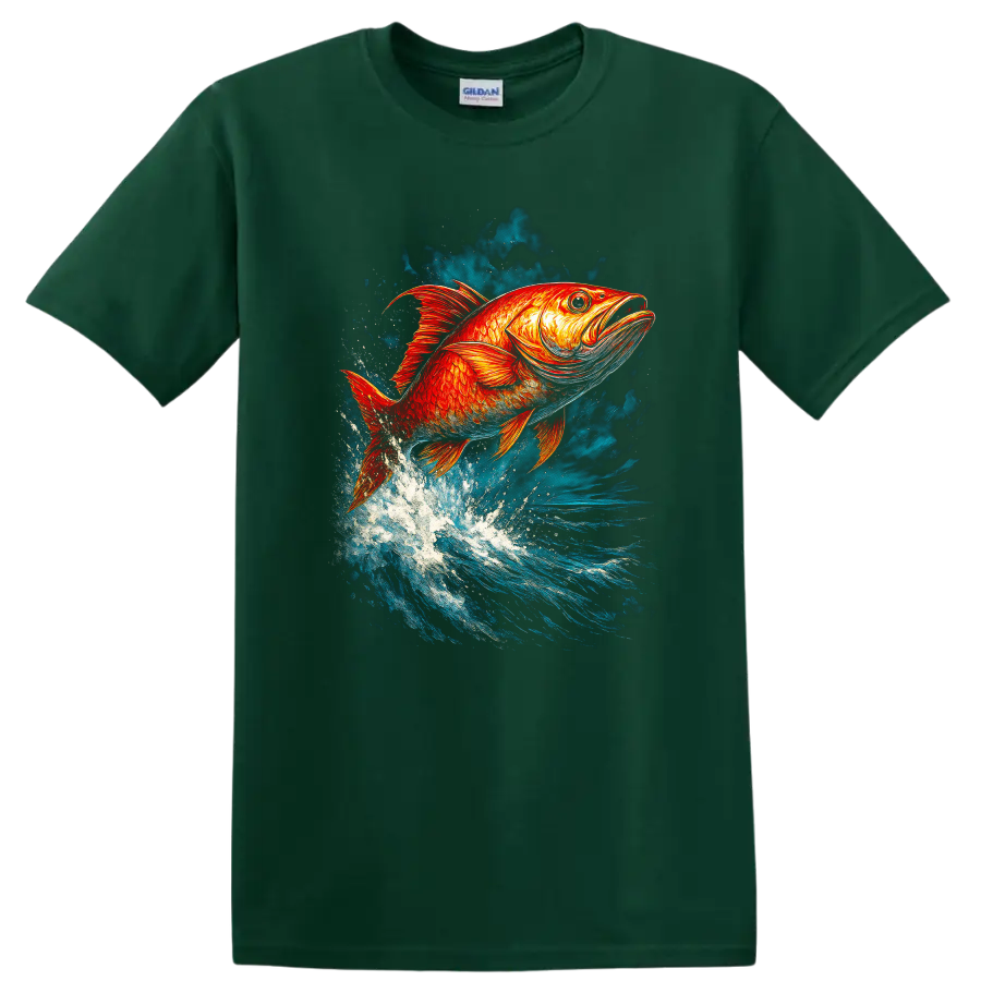 Vibrant Jumping Fish Splash Art T Shirt for Anglers and Nature Lovers - Forest Green