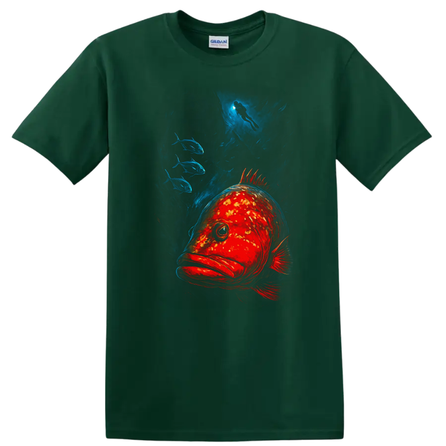 Deep Sea Fish T Shirt Vibrant Ocean Scuba Diver and School Art - Forest Green