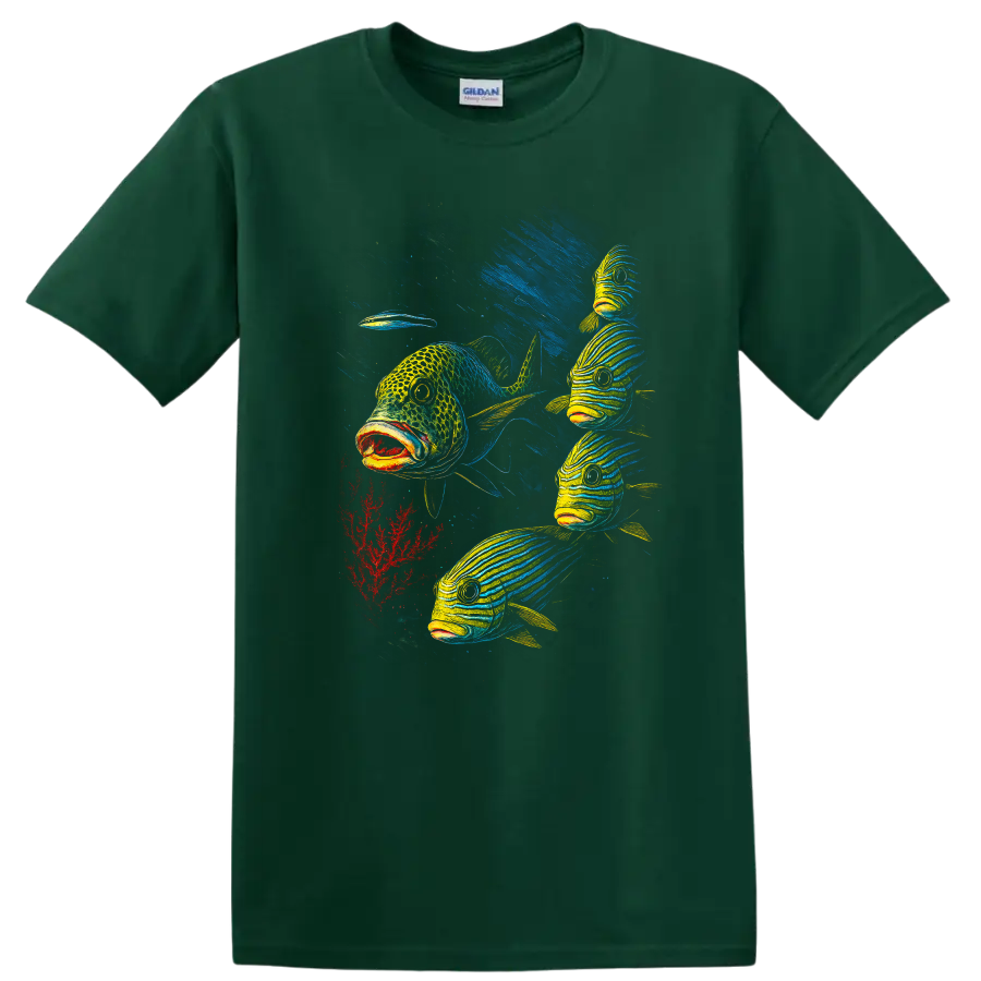 Colorful Fish School Underwater Art T Shirt for Ocean Lovers - Forest Green