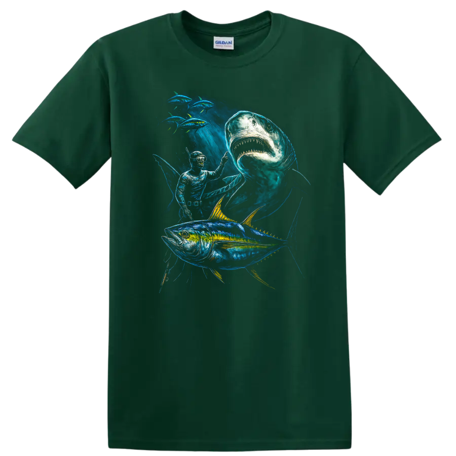 Ocean Fish Predator T Shirt Shark Tuna Diver Deep Sea Art - Forest Green