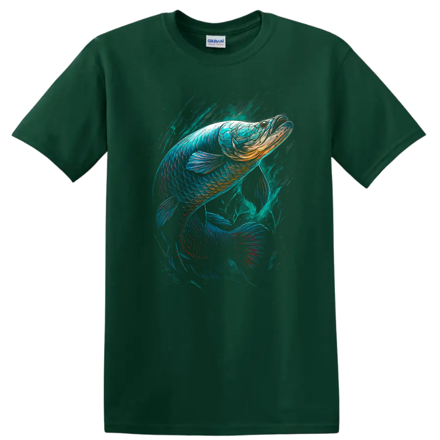 Colorful Neon Fish Art T Shirt for Anglers and Ocean Lovers - Forest Green
