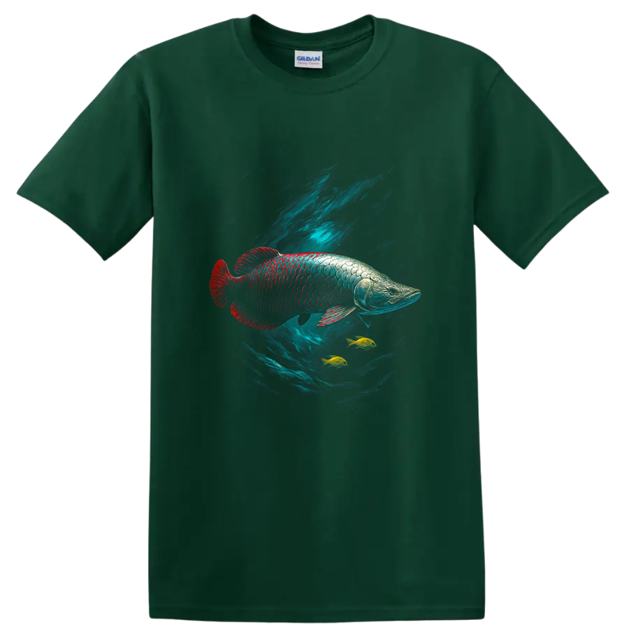 Vibrant Arowana Fish Underwater Art T Shirt for Aquatic Nature Lovers - Forest Green