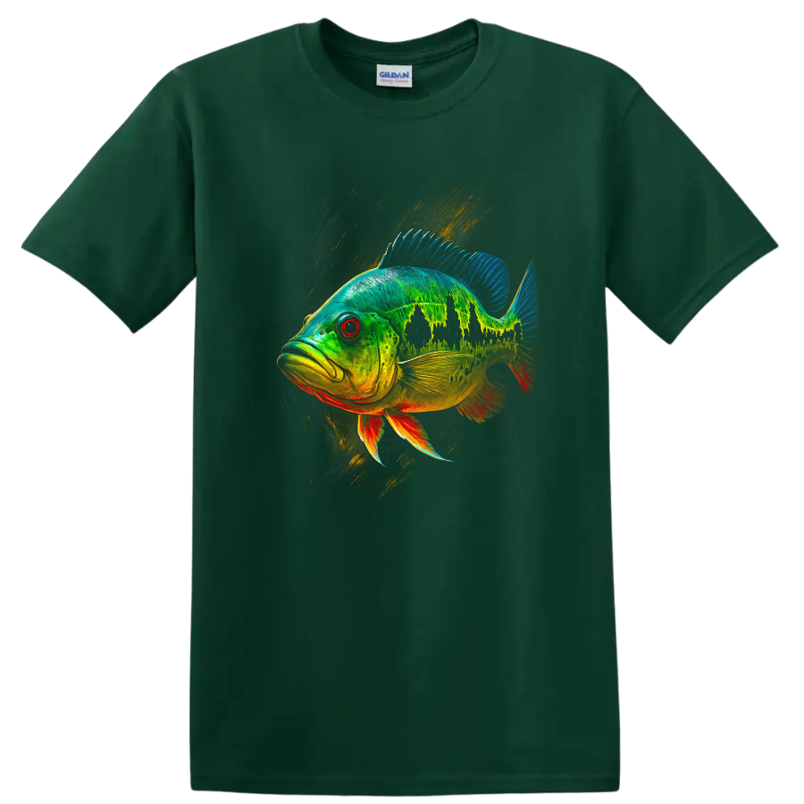 Colorful Fish Art T Shirt Neon Tropical Bass Graphic Tee - Forest Green