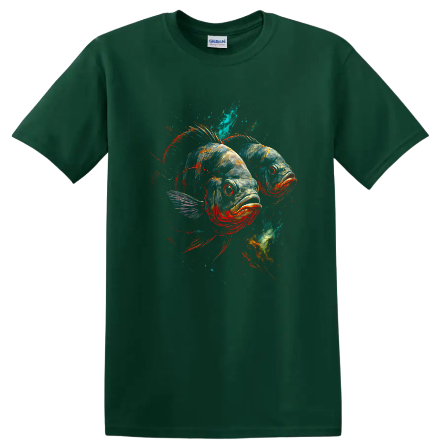 Colorful Fish Duo Graphic T Shirt, Vibrant Aquarium Art Tee - Forest Green