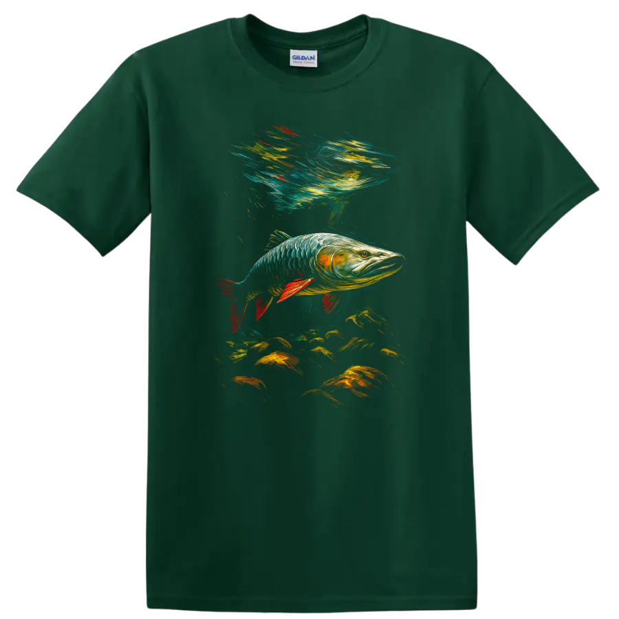 Colorful Fish Art T Shirt, Vibrant Underwater Bass Design for Anglers - Forest Green
