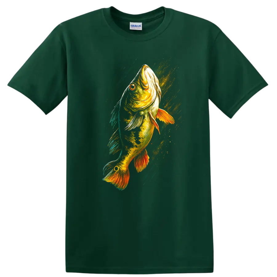 Colorful Fish Art T Shirt Vibrant Bass Fishing Graphic for Anglers - Forest Green