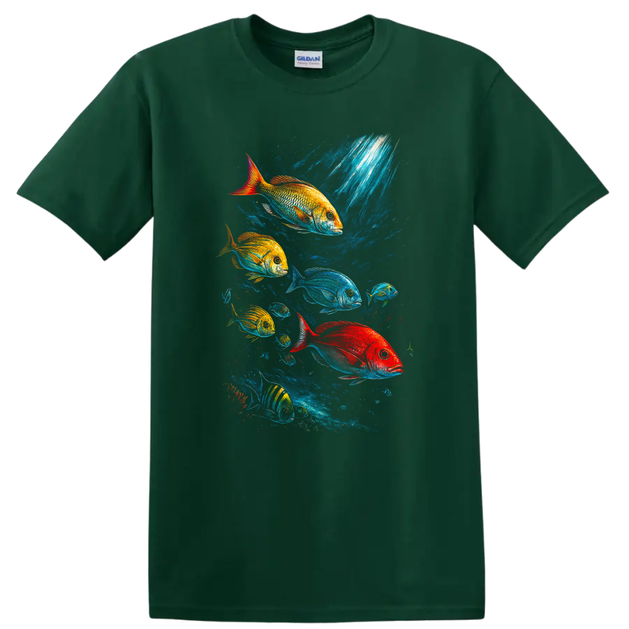Colorful Fish School Underwater Art T Shirt Vibrant Ocean Scene - Forest Green