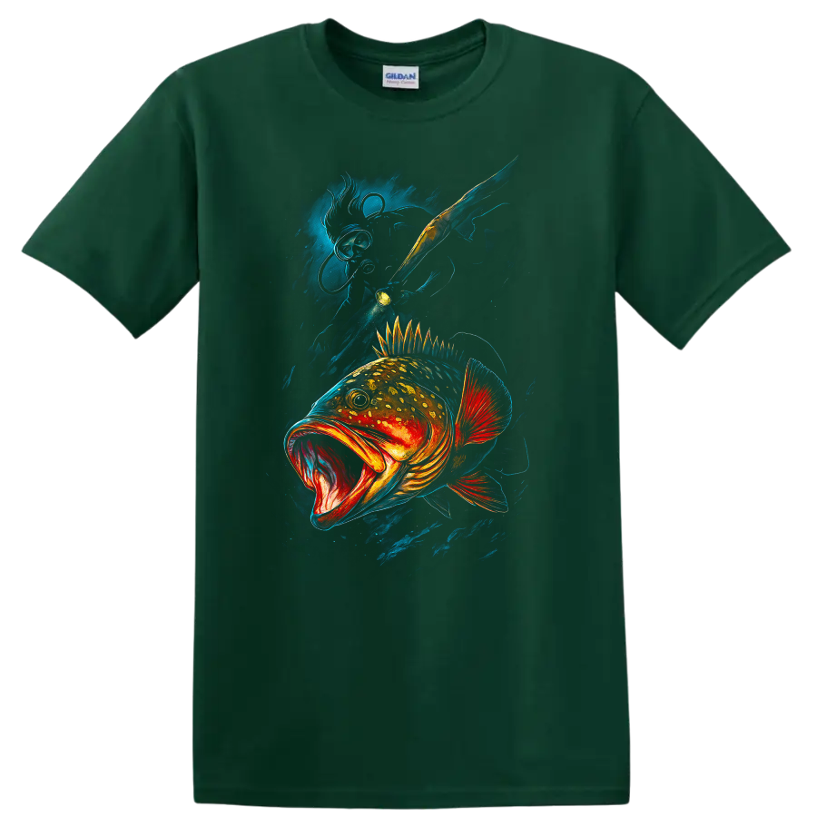 Colorful Bass Fish Art T Shirt Bold Deep Sea Angler Design - Forest Green