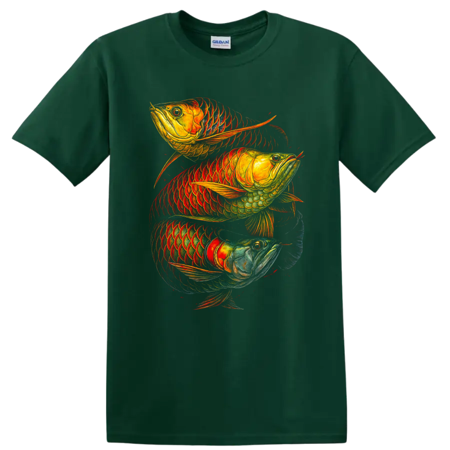 Three Arowana Fish Colorful Tropical Art T Shirt - Forest Green
