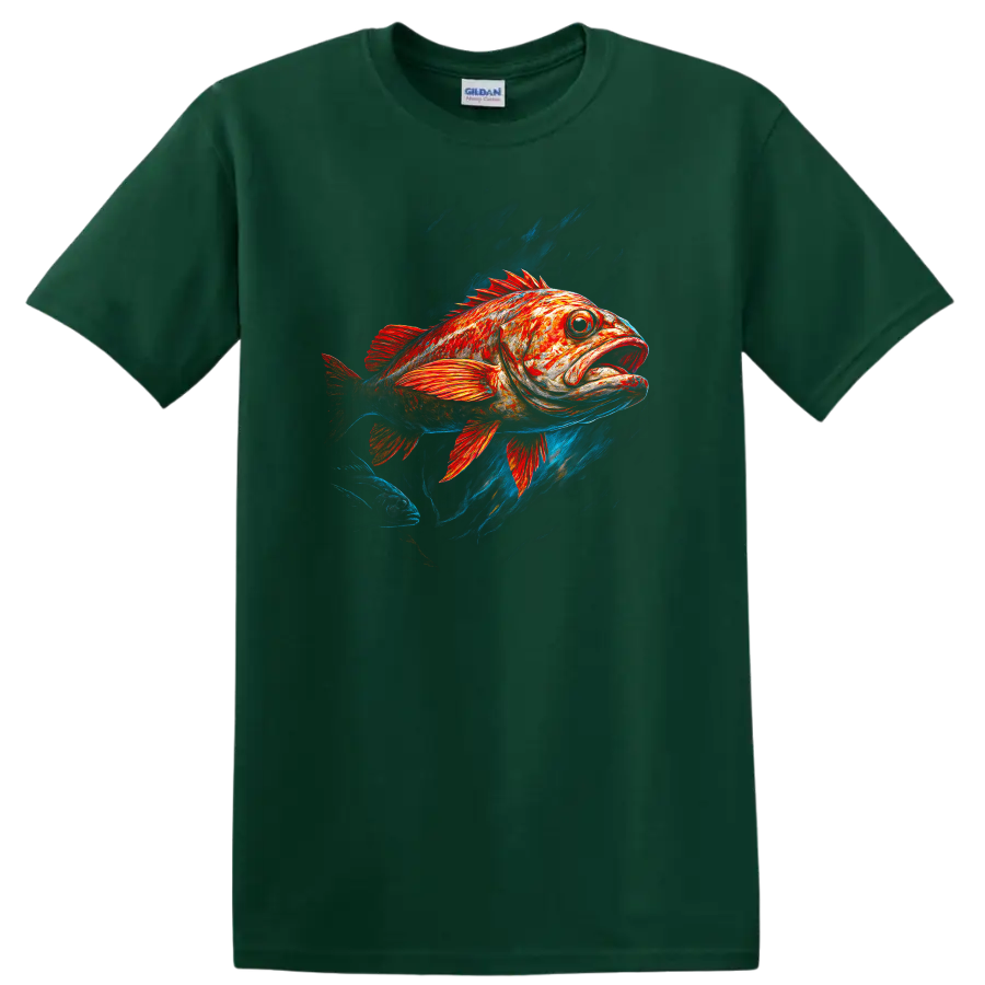 Red Orange Fish Art T Shirt with Bold Underwater Splash Design - Forest Green