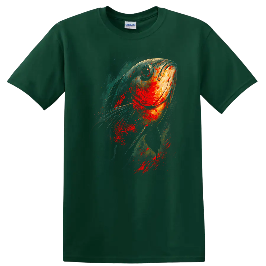 Abstract Colorful Fish Art T Shirt Vibrant Ocean Painterly Graphic Tee - Forest Green