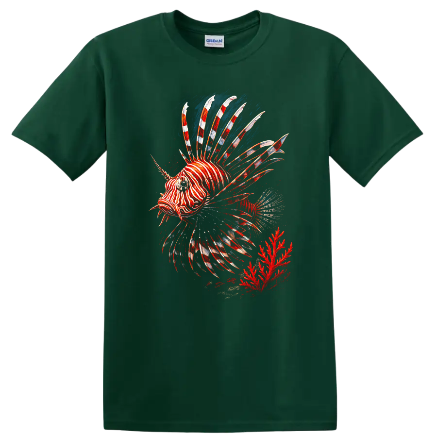 Red Lionfish Zebra Fish T Shirt Colorful Ocean Reef Graphic - Forest Green