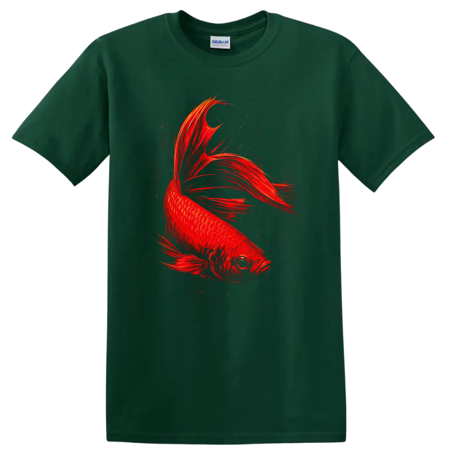 Fiery Red Betta Fish Art Graphic T Shirt for Fish Lovers - Forest Green