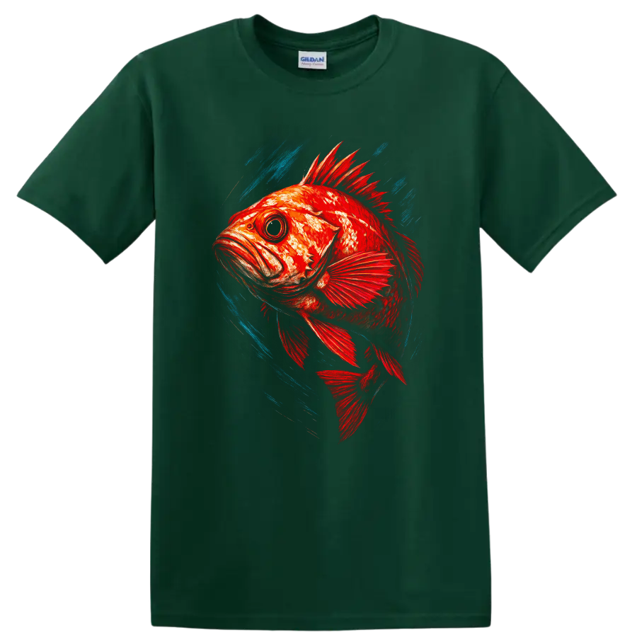 Vibrant Red Fish Art T Shirt with Blue Splash Motion Design - Forest Green