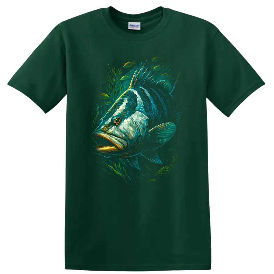 Colorful Fish Illustration T Shirt Vibrant Aquatic Wildlife Graphic - Forest Green